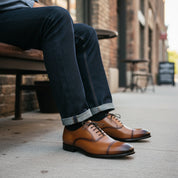 model-siting - Men's Tan Leather Wingtip Brogue Dress Shoes