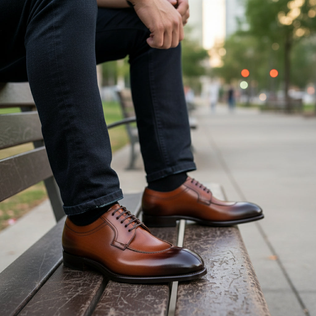 model-siting - Men's Tan Leather Wingtip Dress Shoes
