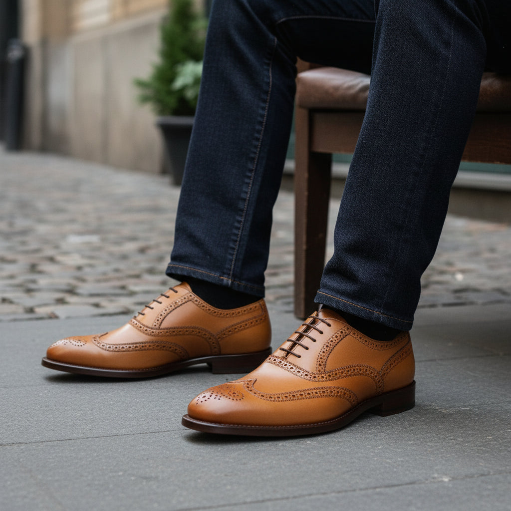 model-siting - Men's Tan Leather Wingtip Dress Shoes