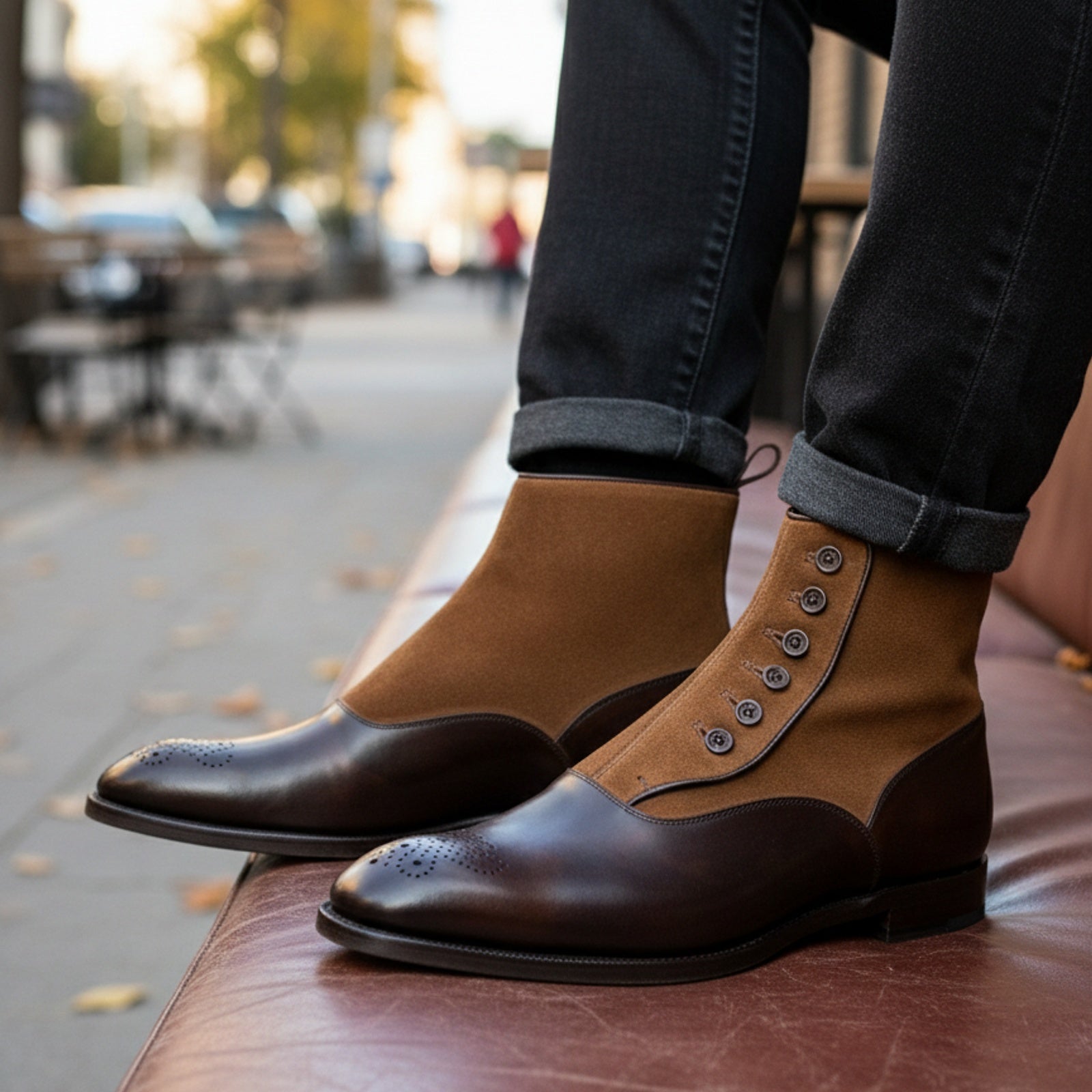 Men's Tan Suede and Brown Leather Button Boots - model-siting
