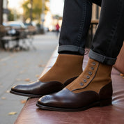 Men's Tan Suede and Brown Leather Button Boots - model-siting