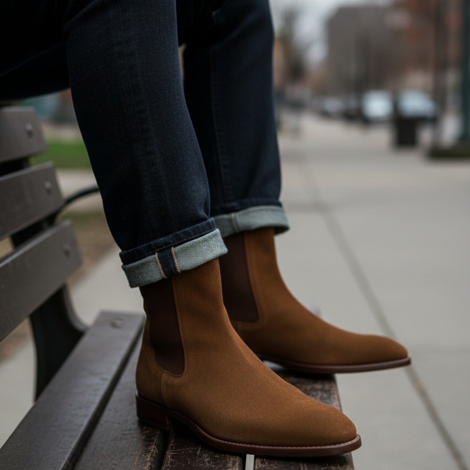 Men's Tan Suede Chelsea Boots - model-siting