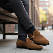 model-siting - Men's Tan Suede Monk Strap Shoes