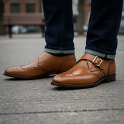 Men's Tan Wing Tip Brogue Monk Leather Shoes - model-siting
