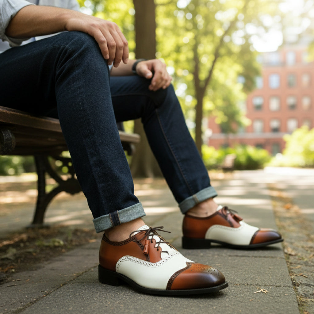 model-siting - Men's Two-tone Calf Leather Oxford Dress Shoes