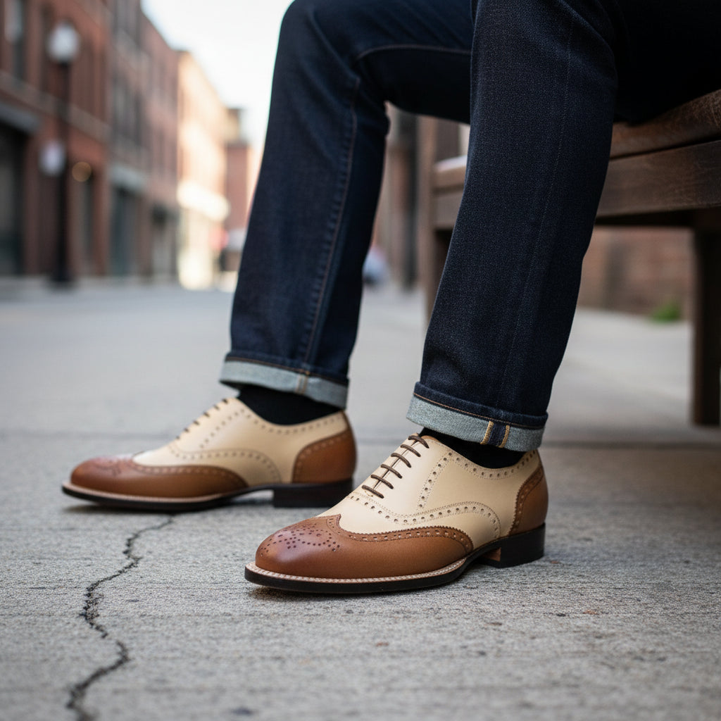 model-siting - Men's Two Tone Calf Leather Wingtip Brogue Dress Shoes