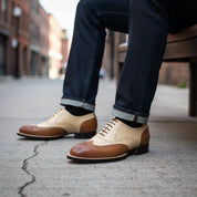 model-siting - Men's Two Tone Calf Leather Wingtip Brogue Dress Shoes
