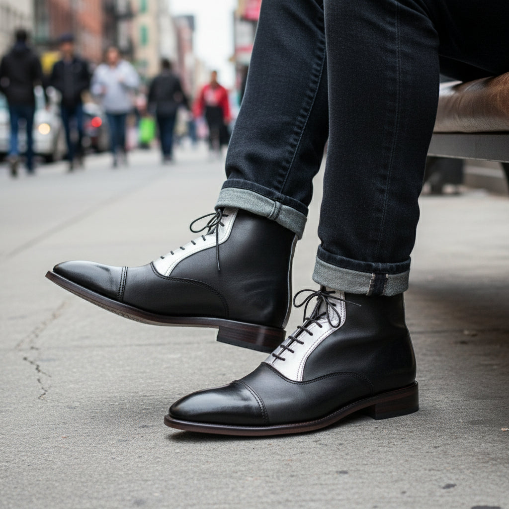 Men's Two Tone Cap Toe Leather Ankle Boots - model-siting