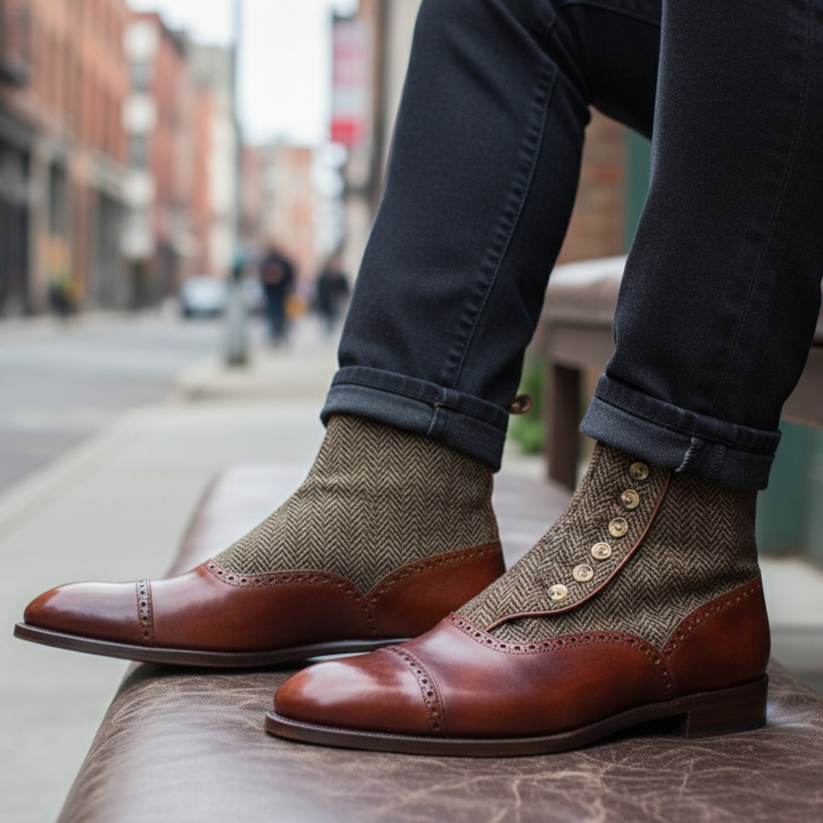 Men's Two-Tone Cap Toe Leather Boots - model-siting