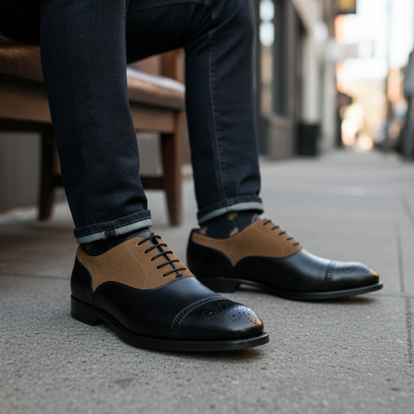 model-siting - Men's Two-Tone Cowhide & Suede Brogue Oxford Dress Shoes