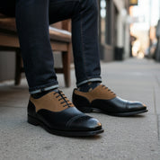 model-siting - Men's Two-Tone Cowhide & Suede Brogue Oxford Dress Shoes