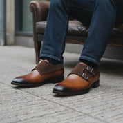 Men's Two Tone Double Monk Leather Shoes - model-siting
