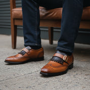 model-siting - Men's Two-tone Leather Dress Shoes