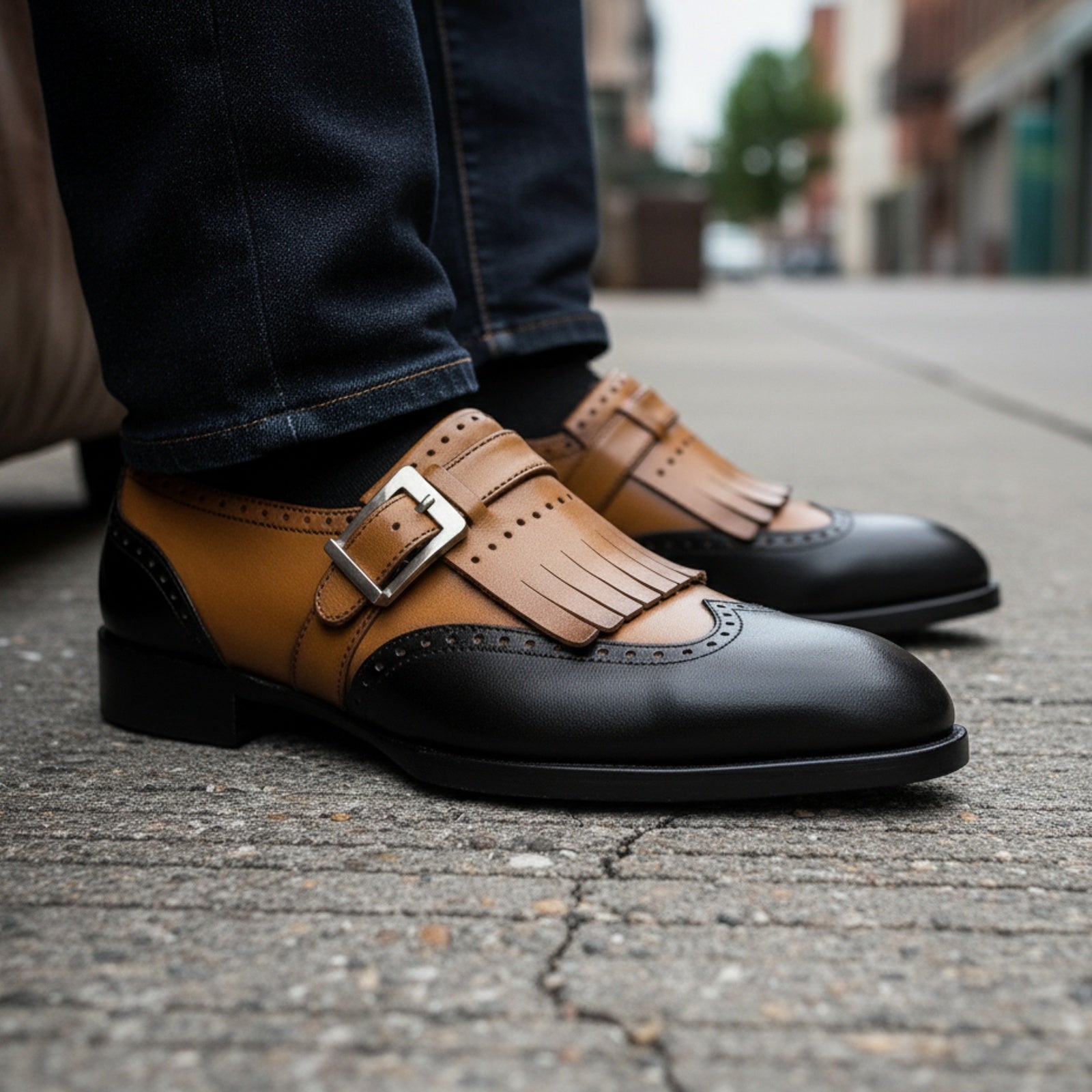 Men's Two-Tone Leather Dress Shoes - model-siting