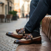 model-siting - Men's Two Tone Leather Fringe Dress Shoes