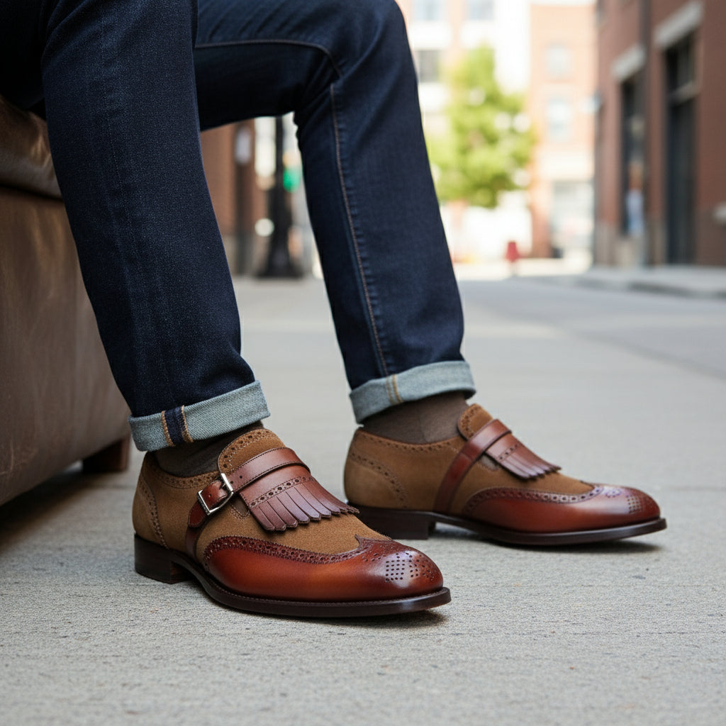 model-siting - Men's Two Tone Leather Fringe Wingtip Dress Shoes