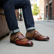 model-siting - Men's Two Tone Leather Fringe Wingtip Dress Shoes