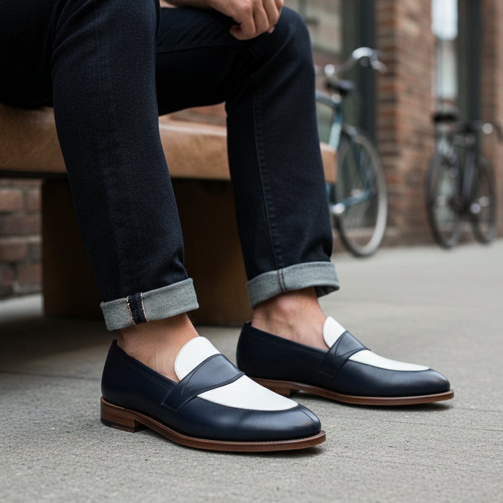Men's Two-Tone Leather Loafer Moccasins - model-siting