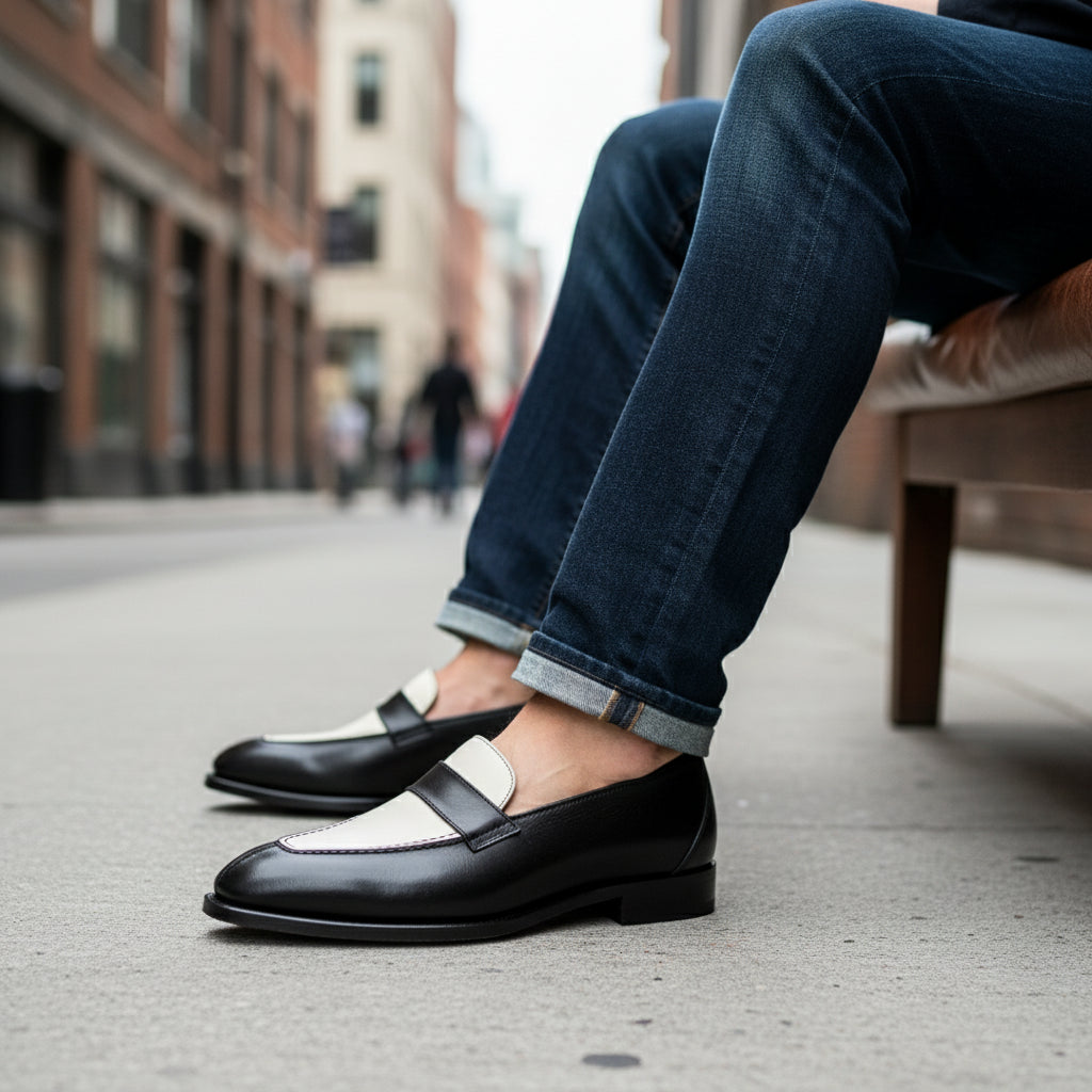model-siting - Men's Two Tone Leather Moccasin Shoes