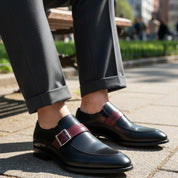 model-siting - Men's Two-Tone Leather Moccasins – Black Dress Shoes