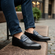 Men's Two-Tone Leather Moccasins Loafers - model-siting