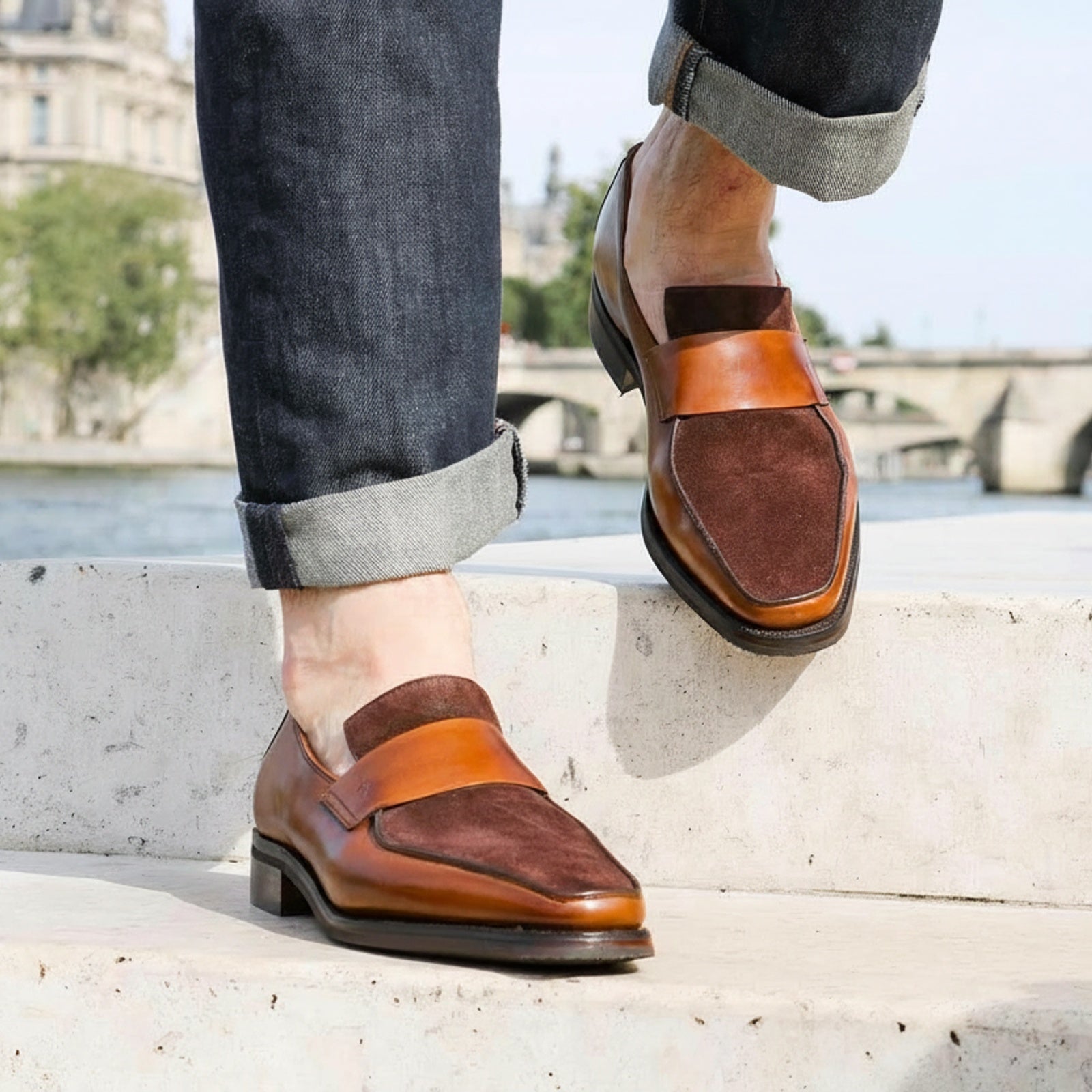 Men's Two-Tone Leather Moccasins - model-siting