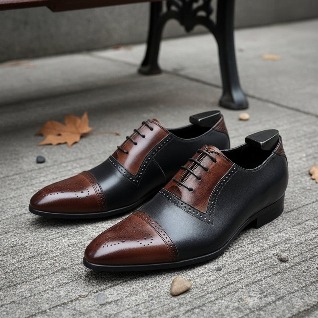 model-siting - Men's Two Tone Leather Oxford Spectator Shoes with Pointed Toe