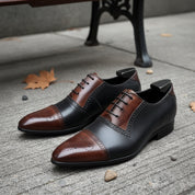 model-siting - Men's Two Tone Leather Oxford Spectator Shoes with Pointed Toe