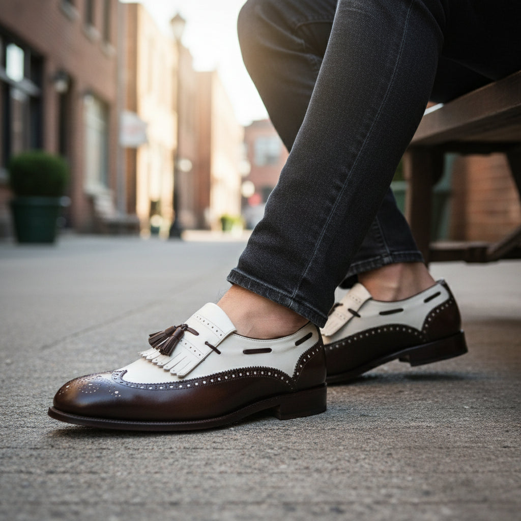 model-siting - Men's Two Tone Leather Tassel Moccasins