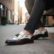 model-siting - Men's Two Tone Leather Tassel Moccasins