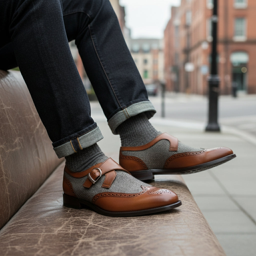 model-siting - Men's Two-Tone Leather Wing Tip Monk Dress Shoes