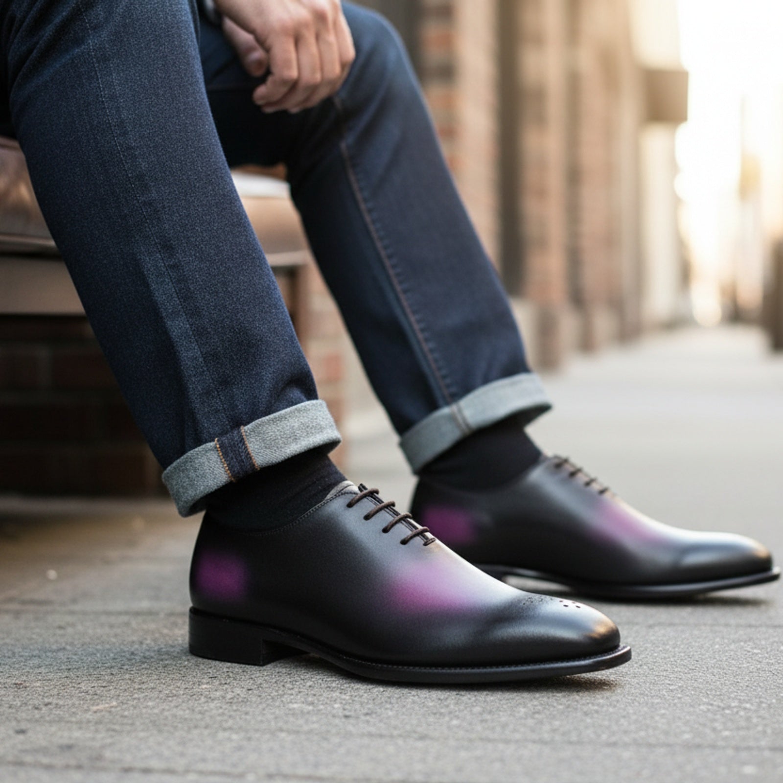 Men's Two-Tone Patina Leather Oxford Shoes - model-siting