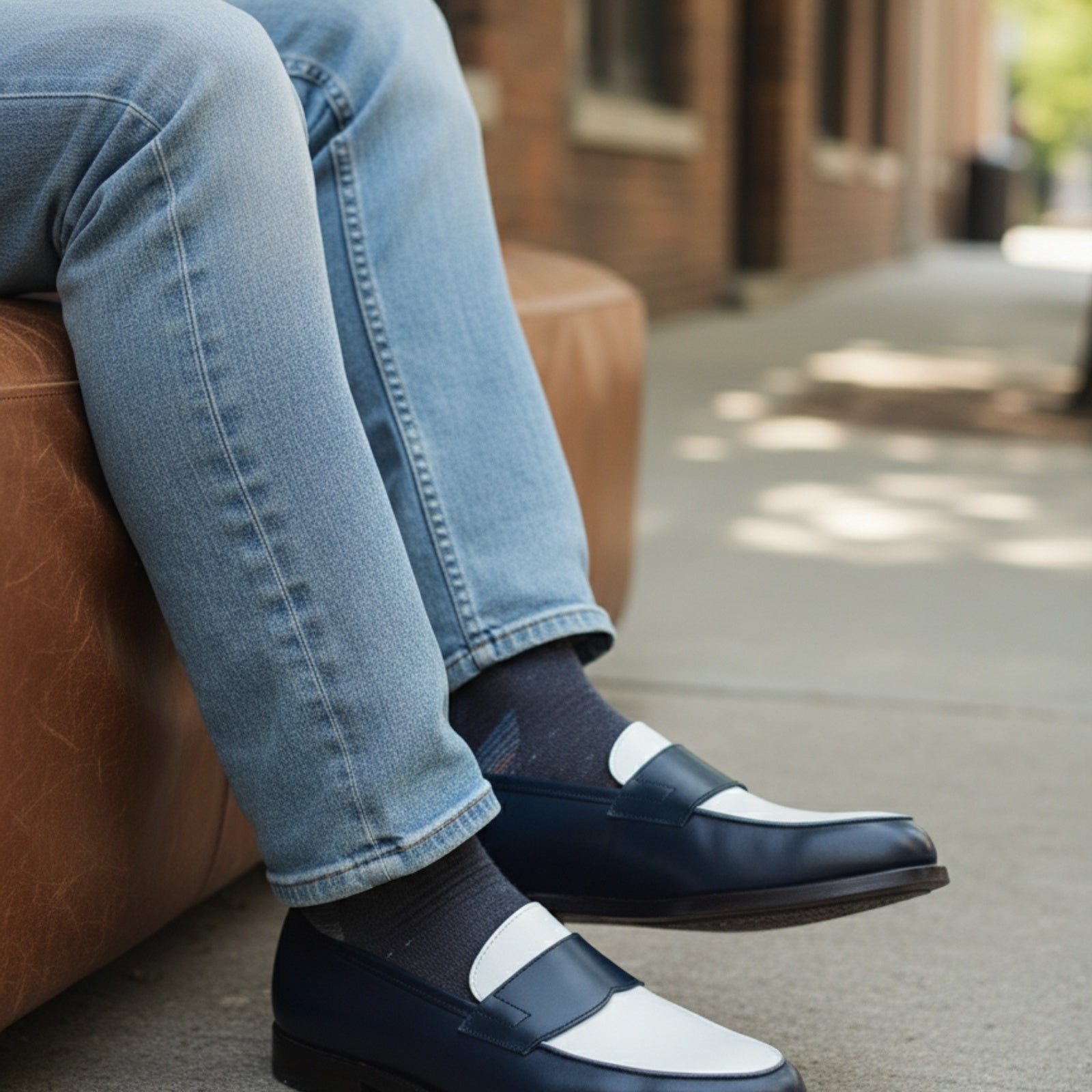Men's Two-Tone Spectator Leather Dress Shoes in Blue and White - model-siting