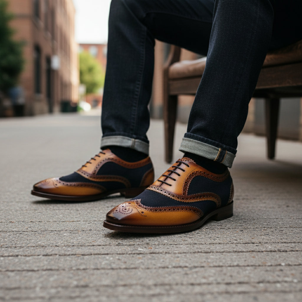 Men's Two-tone Wingtip Brogue Leather Dress Shoes - model-siting
