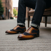 Men's Two-tone Wingtip Brogue Leather Dress Shoes - model-siting