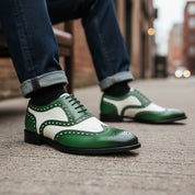 Men's Two-Tone Wingtip Brogue Leather Dress Shoes - model-siting