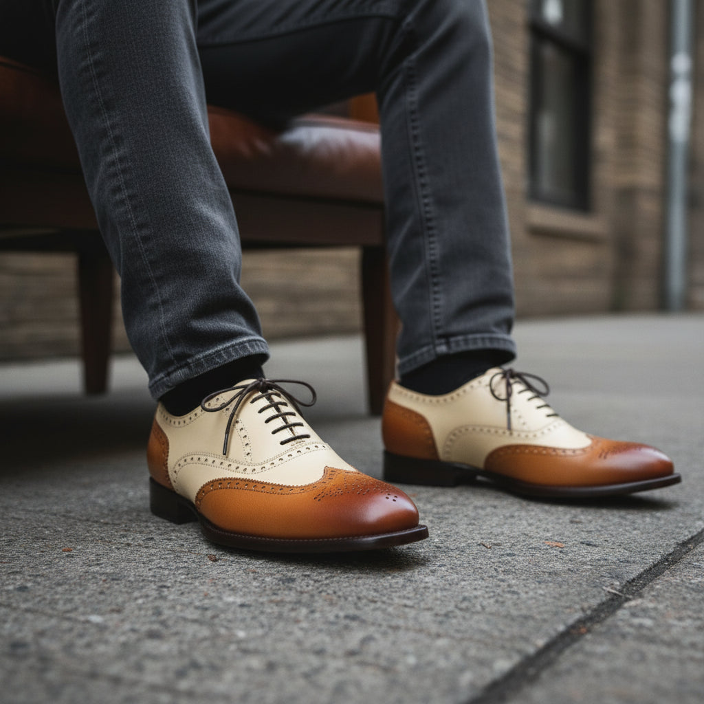 Men's Two-Tone Wingtip Brogue Leather Shoes - model-siting