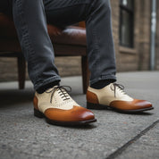 Men's Two-Tone Wingtip Brogue Leather Shoes - model-siting