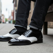 Men's Two-Tone Wingtip Leather Dress Shoes - model-siting