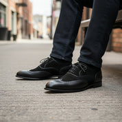 Men's Two-Tone Wingtip Leather Dress Shoes - model-siting