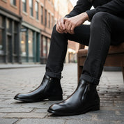model-siting - Men's Vintage Cow Leather Chelsea Boots