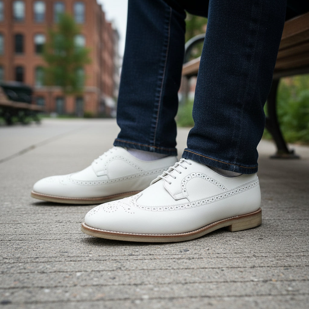Men's White Brogue Leather Dress Shoes - model-siting