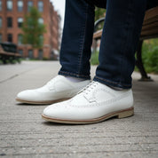 Men's White Brogue Leather Dress Shoes - model-siting