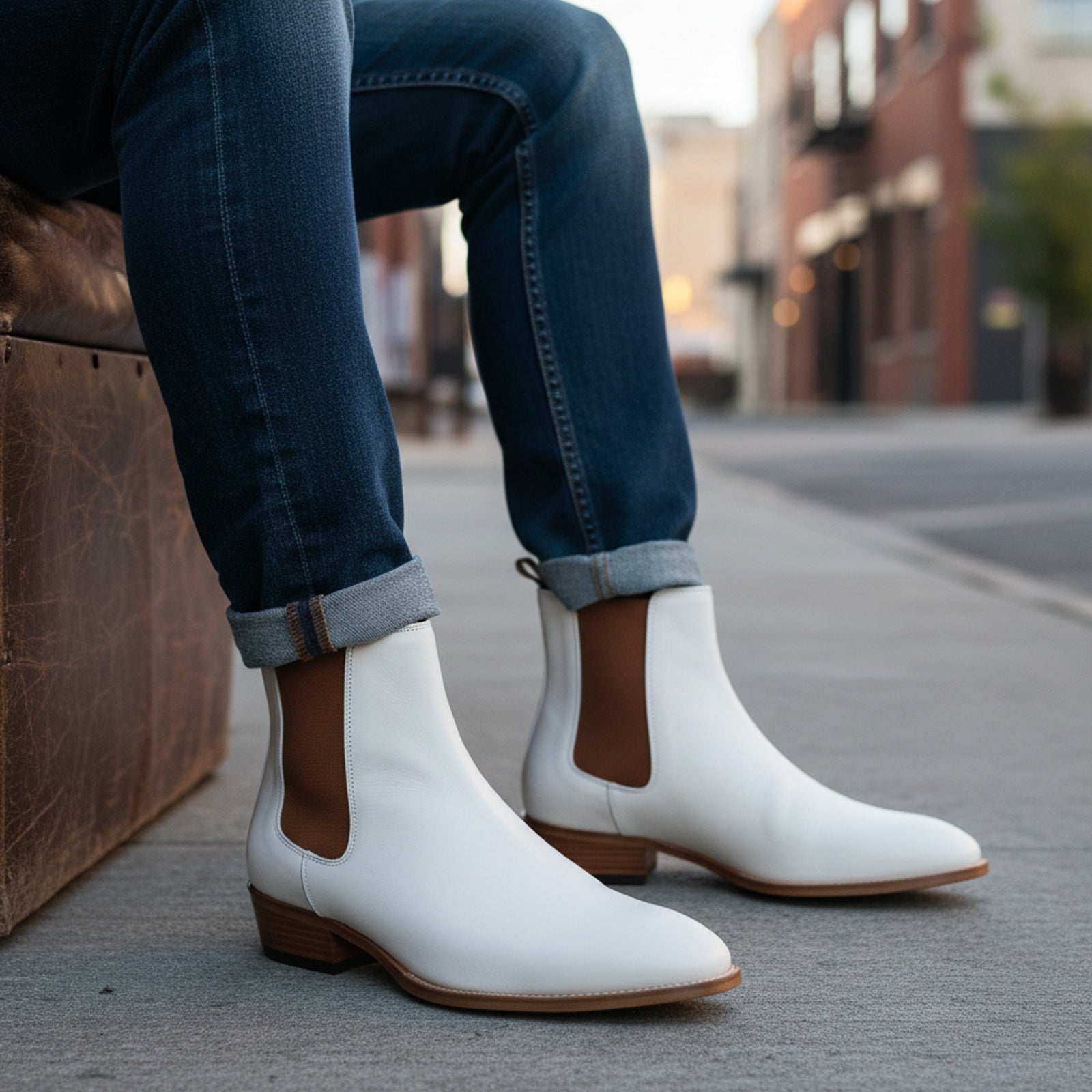 Men's White Chelsea Leather Boots - model-siting