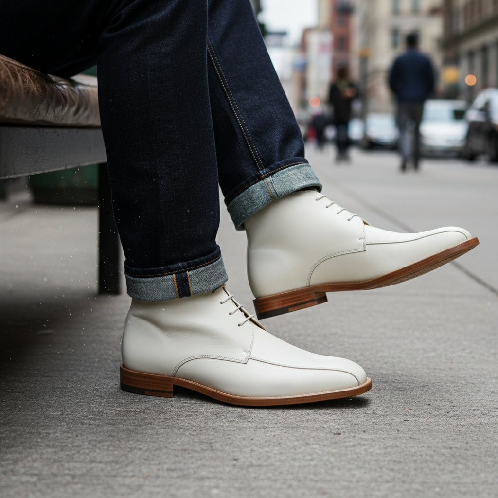 Men's White Leather Chukka Boots with Square Toe - model-siting