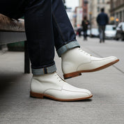 Men's White Leather Chukka Boots with Square Toe - model-siting