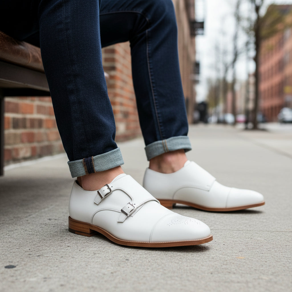 model-siting - Men's White Leather Double Monk Dress Shoes