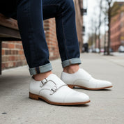 model-siting - Men's White Leather Double Monk Dress Shoes