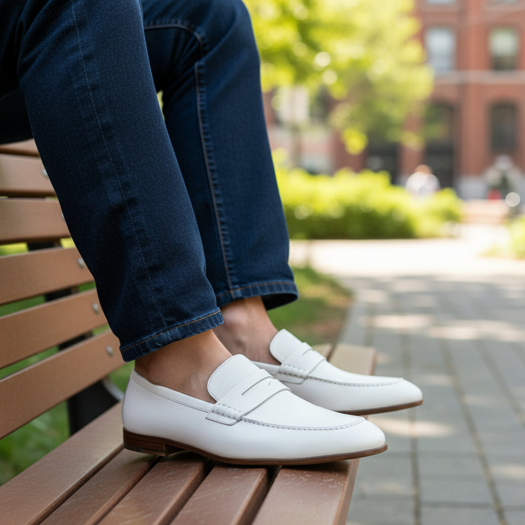 model-siting - Men's White Leather Moccasin Loafers