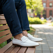 model-siting - Men's White Leather Moccasin Loafers